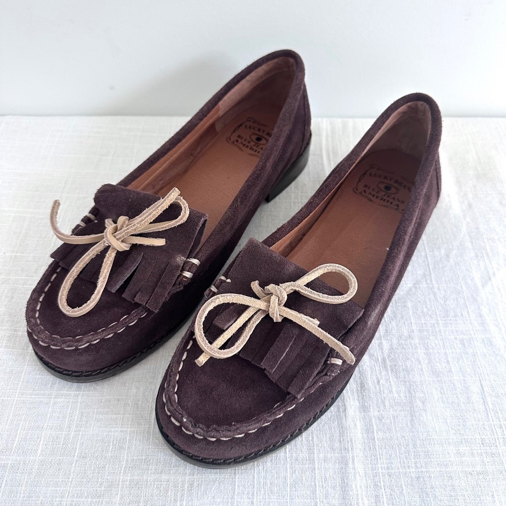 Lucky Brand Womens Brown Suede Penna Fringe Moccasin Loafers Chocolate